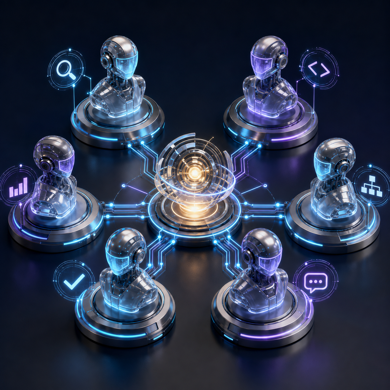 Six specialized AI agents collaborating through a connected orchestration core